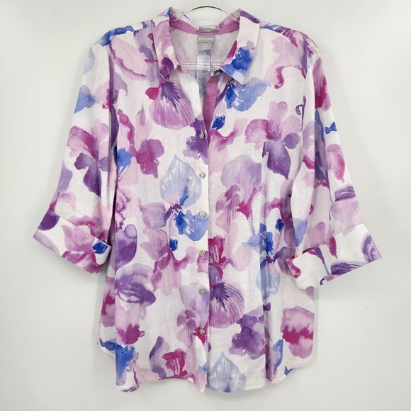 Chicos 2.5 Linen Button Front Shirt 3/4 Sleeve Womens Size 14 White Purple Blue - Picture 1 of 6